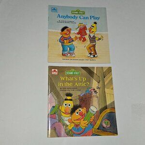 2 Sesame Street Paperback Books Lot Golden Anybody Can Play What's Up In Attic